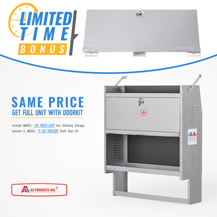 SH-4603-GAP Steel Low/Mid/High Roof Van Shelving Storage System with Door Kit, Fits Transit, GM, NV, Promaster and Sprinter, Contoured Shelving Unit, 32" W x 46" H x 13" D, Notched Bottom(SH-4603-GAP-DK) - AA Products Inc