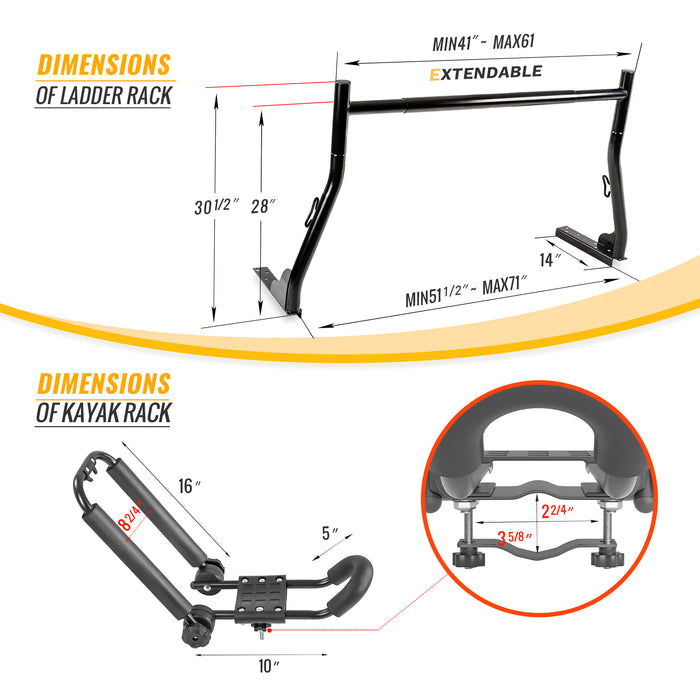 Model X31 Truck Ladder Rack with 8 Non-Drilling C-Clamps and 2 Sets Universal Steel Folding J-Bar Kayak Carrier with Ratchet Lashing Straps & Ratchet Bow and Stern Tie Down Straps(KX31-155-BLK) - AA Products Inc