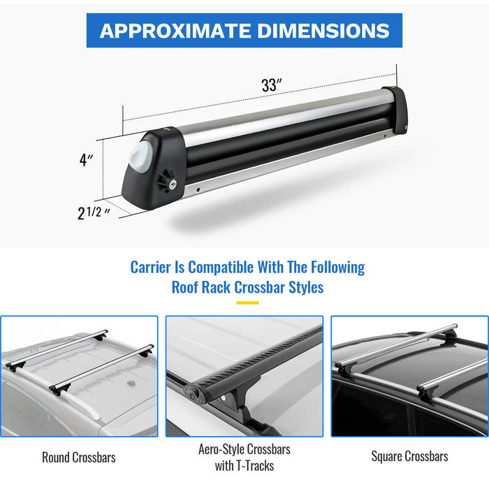 AA Products 33'' Aluminum Universal Ski Roof Rack Fits 6 Pairs Skis or 4 Snowboards, Ski Roof Carrier Fit Most Vehicles Equipped Cross Bars - AA Products Inc