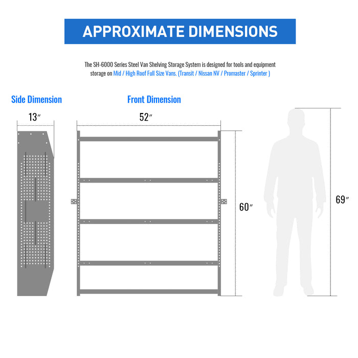 SH-6005(2) Steel Mid/ High Roof Van Shelving Storage System Fits Transit,NV,Promaster and Sprinter,Set of 2 Van Shelving Units, 52''W x 60''H x 13''D - AA Products Inc