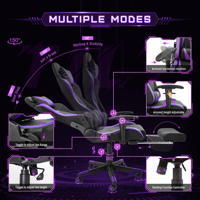 AA Products Gaming Chair High Back Ergonomic Computer Racing Chair Adjustable Gamer Chair with Footrest, Lumbar Support Swivel Chair – BlackPurple - AA Products Inc