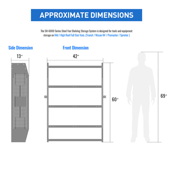 AA Products SH-6004 Steel Mid/ High Roof Van Shelving Storage System Fits Transit, NV, Promaster and Sprinter, Van Shelving Units, 42''W x 60''H x 13''D - AA Products Inc