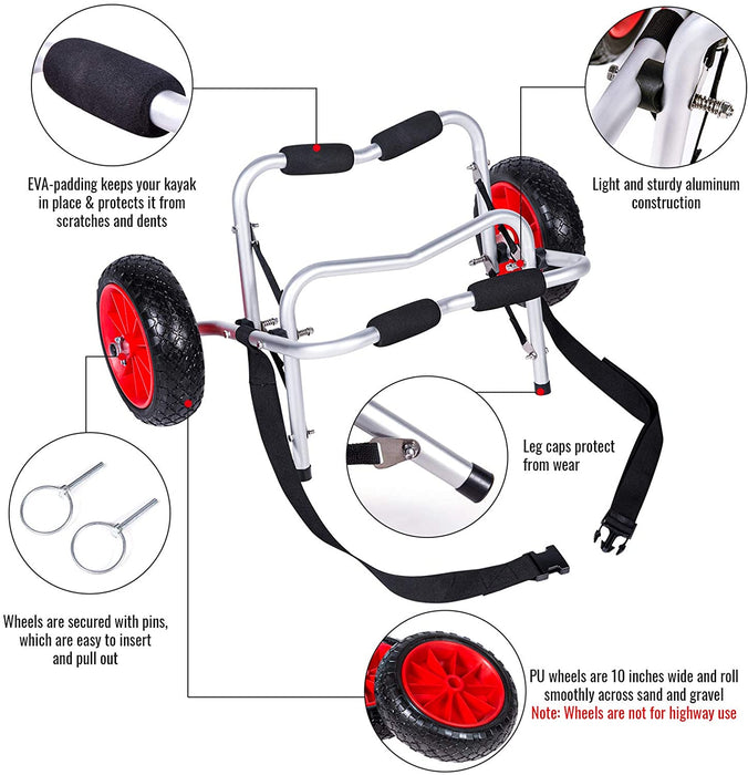 AA Products Kayak Canoe Carrier Cart Dolly Trailer Tote Solid Wheel Tires Hold up to 150 lb, Comes with Secure Buckle Straps(AKC-01) - AA Products Inc
