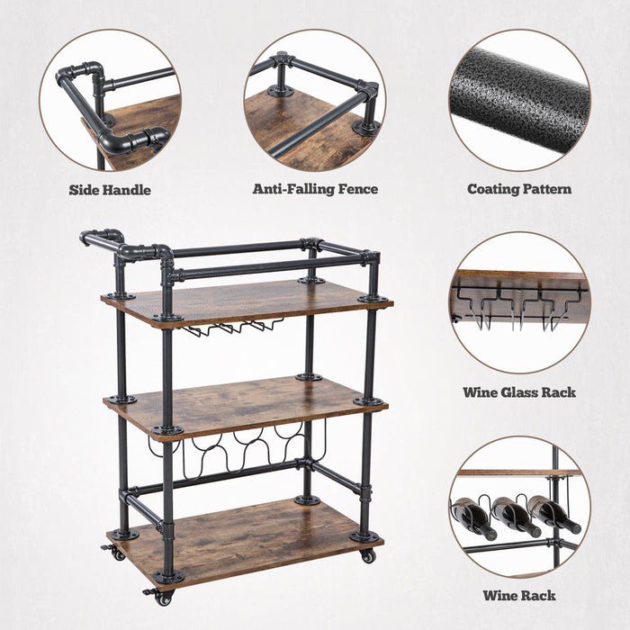 AA Products Bar Serving Cart for Home, 3-Tier Industrial Vintage Style Bar Cart, Rolling Wood Metal Kitchen Utility Cart with Wine Rack and Glass Holder, Serving Carts with Wheels, Lockable Casters(IBC-01) - AA Products Inc