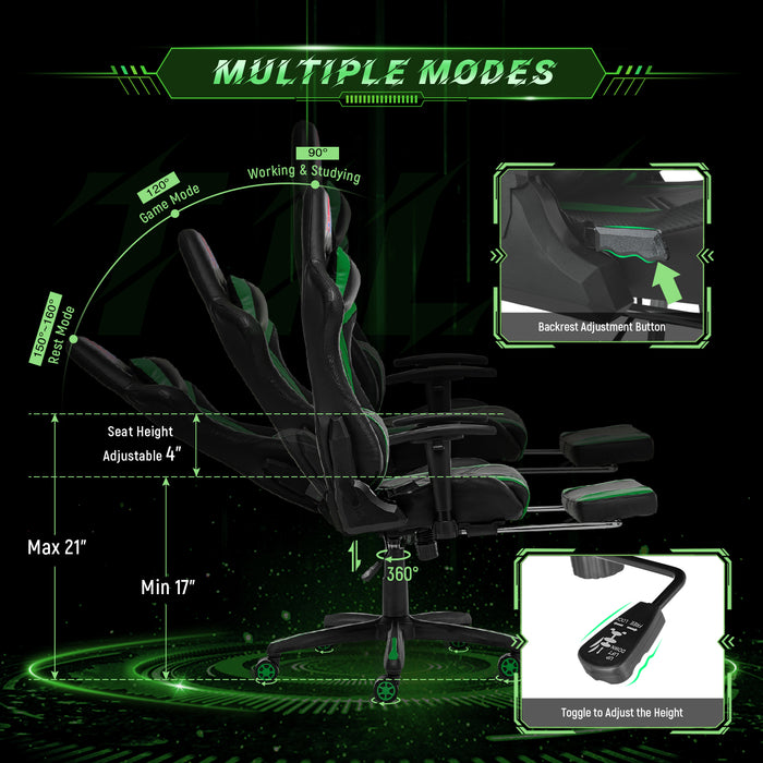 AA Products Gaming Chair High Back Ergonomic Computer Racing Chair Adjustable Gamer Chair with Footrest, Lumbar Support Swivel Chair – BlackGreen - AA Products Inc