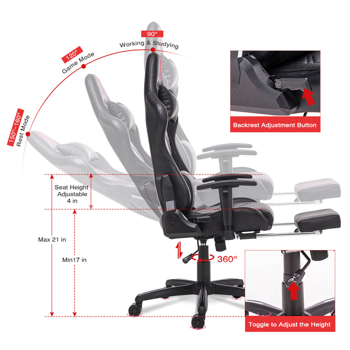 AA Products Gaming Chair Ergonomic High Back Computer Racing Chair Adjustable Office Chair with Footrest, Lumbar Support Swivel Chair - Black - AA Products Inc