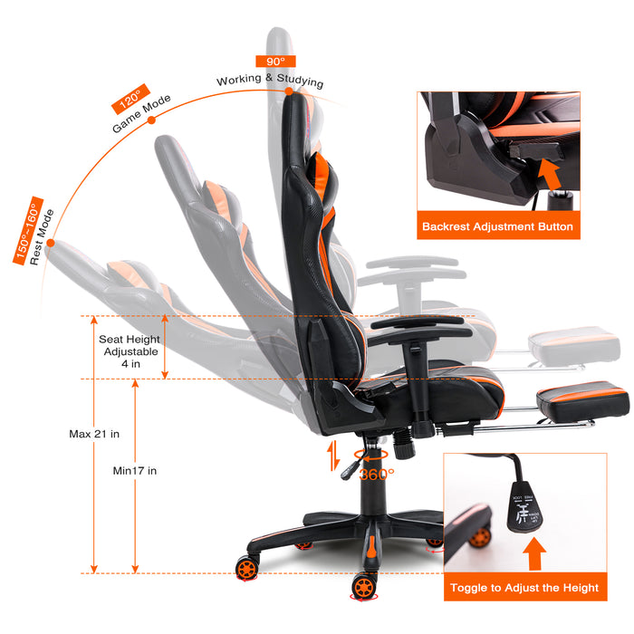 AA Products Gaming Chair Ergonomic High Back Computer Racing Chair  Adjustable Office Chair with Footrest, Lumbar Support Swivel Chair - Black