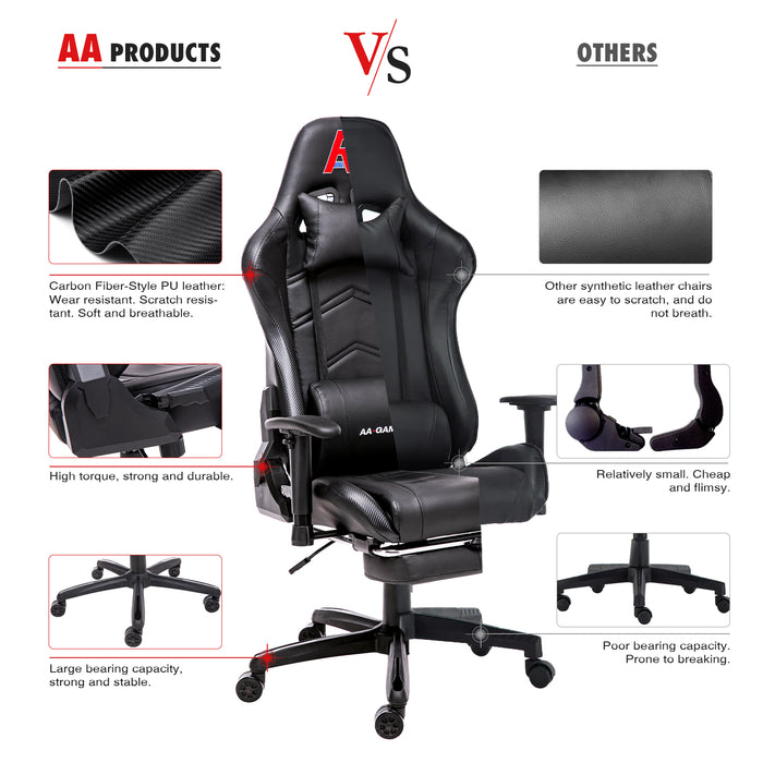AA Products Gaming Chair Ergonomic High Back Computer Racing Chair Adjustable Office Chair with Footrest, Lumbar Support Swivel Chair - Black - AA Products Inc