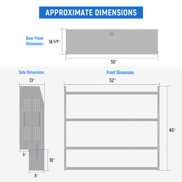 SH-4605-GAP Steel Low/Mid/High Roof Van Shelving Storage System with Door Kit, Fits Transit, Promaster, Sprinter, GMC, NV and Metris, Contoured Shelving Unit, 52" W x 46" H x 13" D, Notched Bottom(SH-4605-GAP-DK） - AA Products Inc