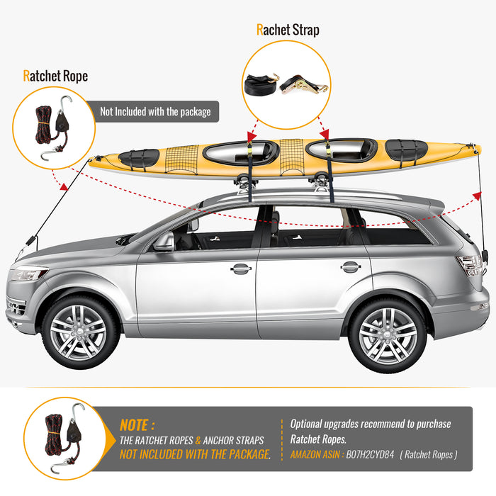 AA Racks Steel Double Folding Kayak Carrier Canoe J-Bar Roof Top Mount Racks for Car SUV Truck with Tie Down Straps (KX-200) - AA Products Inc