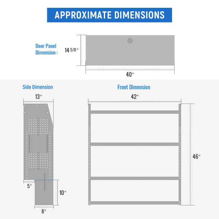 SH-4604-GAP Steel Low/Mid/High Roof Van Shelving Storage System with Door Kit, Fits Transit, Promaster, Sprinter, GMC, NV and Metris, Contoured Shelving Unit, 42" W x 46" H x 13" D, Notched Bottom(SH-4604-GAP-DK) - AA Products Inc
