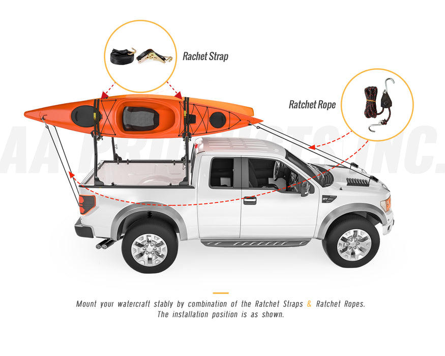 Model X31 Truck Ladder Rack with 8 Non-Drilling C-Clamps and 2 Sets Universal Steel Folding J-Bar Kayak Carrier with Ratchet Lashing Straps & Ratchet Bow and Stern Tie Down Straps(KX31-155-BLK) - AA Products Inc