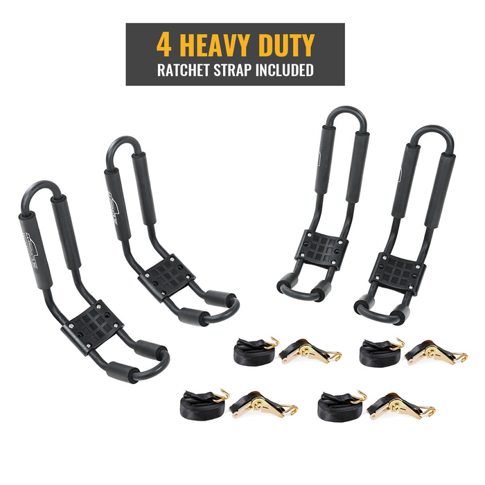 AA-Racks Model X31 Truck Rack with 8 Non-Drilling C-Clamps and 2 Sets Kayak J-Racks with Ratchet Lashing Straps & Ratchet Bow and Stern Tie Down Straps(KX-3155-BLK) - AA Products Inc