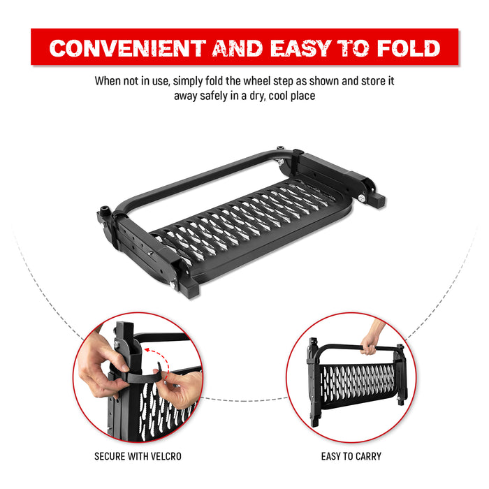 AA Products Folding Heavy Duty Tire Steps for Pickup Truck, SUV and RVs  Adjustable Tire Mounted Auto Step Fits Any Tire from 9'' to 13'', Rated up  to