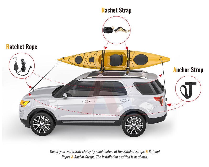 AA-Racks 2 Pair Stainless Steel Kayak J-Bar Roof Rack Car Top Mount Carrier for Your Canoe, SUP and Kayaks on SUV Car Truck with Ratchet Straps, Ratchet Bow and Stern Tie Down Straps & Anchor Straps(KSX-325-BLK) - AA Products Inc