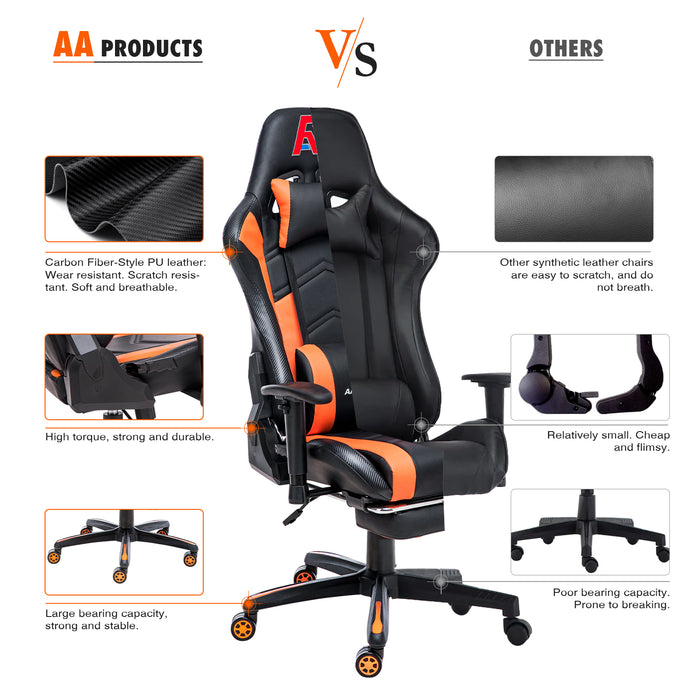 AA Products Gaming Chair Ergonomic High Back Computer Racing Chair Adjustable Office Chair with Footrest, Lumbar Support Swivel Chair - BlackOrange - AA Products Inc