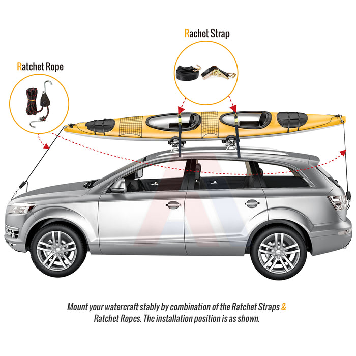 AA Racks Steel Double Folding Kayak Carrier Canoe J-Bar Roof Top Mount Racks for Car SUV Truck with Tie Down Straps (KX-200) - AA Products Inc