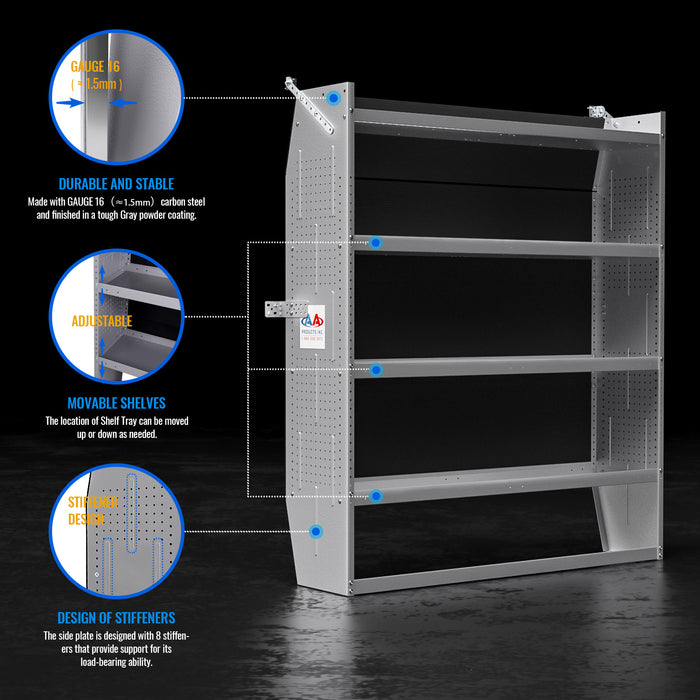 AA Products SH-6005 Steel Mid/ High Roof Van Shelving Storage System Fits Transit, NV, Promaster and Sprinter, Van Shelving Units, 52''W x 60''H x 13''D - AA Products Inc