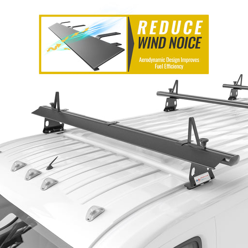 AA Racks Model AX302 Aluminum 3 Bar 72'' Van Ladder Roof Rack System, Aerodynamic Design with Front Wind Deflector Reduce Wind Noise(AX302-72(3)-WD-BLK-PR/TR) - AA Products Inc