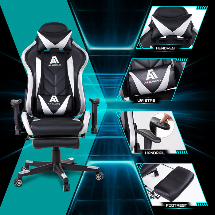 AA Products Gaming Chair High Back Ergonomic Computer Racing Chair Adjustable Office Chair with Footrest, Lumbar Support Swivel Chair - White - AA Products Inc