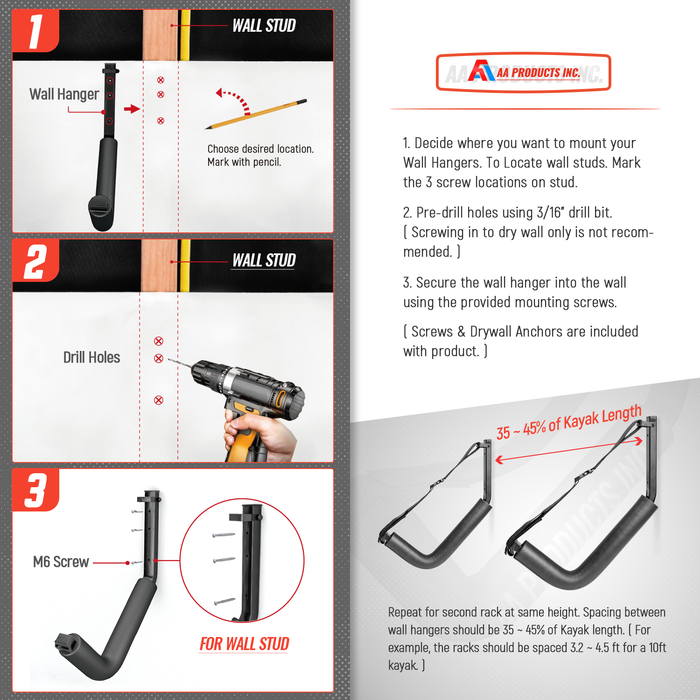 AA Products Kayak Storage Wall Mount Racks for Canoe Kayak Paddle Boards Wall Hanging Hooks, Set of 2(KS-02) - AA Products Inc
