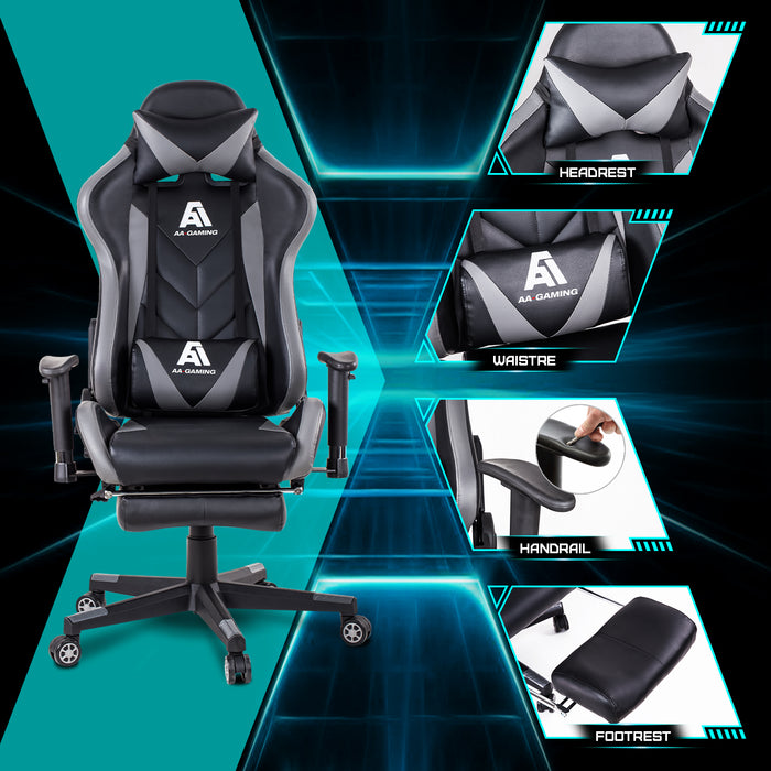 AA Products Gaming Chair High Back Ergonomic Computer Racing Chair Adjustable Office Chair with Footrest, Lumbar Support Swivel Chair - Grey - AA Products Inc