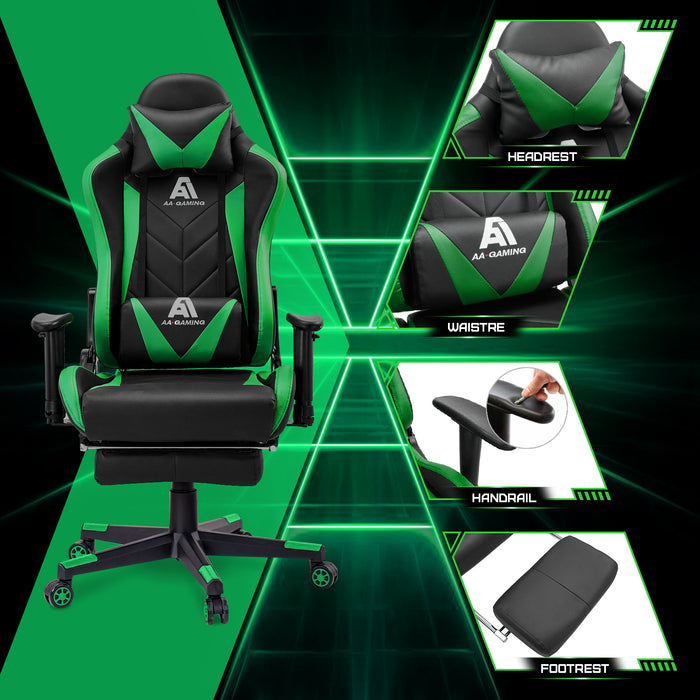 AA Products Gaming Chair High Back Ergonomic Computer Racing Chair Adjustable Gamer Chair with Footrest, Lumbar Support Swivel Chair – BlackGreen - AA Products Inc