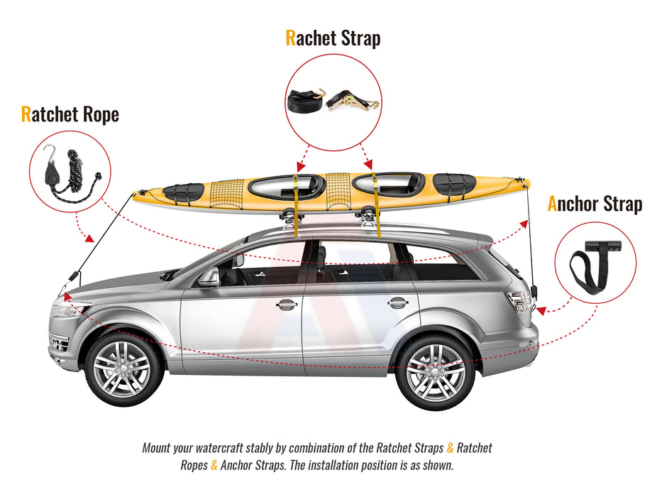 AA-Racks 2 Pair Stainless Steel J-Bar Rack Roof Top Mount with Ratchet Bow and Anchor Straps, Folding Carrier for Your Canoe, SUP and Kayaks on SUV Car Truck(KSX-125-BLK) - AA Products Inc