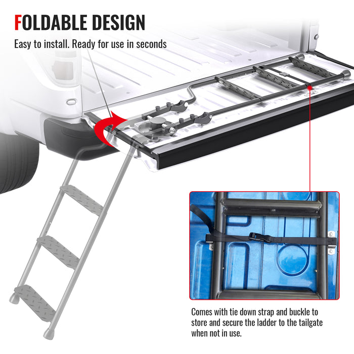 AA Product 3 Steps Tailgate Ladder Foldable Pickup Truck Tailgate Ladder with Steel Wide Pedal Non-Slip Sturdy for Truck Easy Install Durable Steel Omni-Directional Ladder Rack Capacity 660 lbs(PTL-02) - AA Products Inc