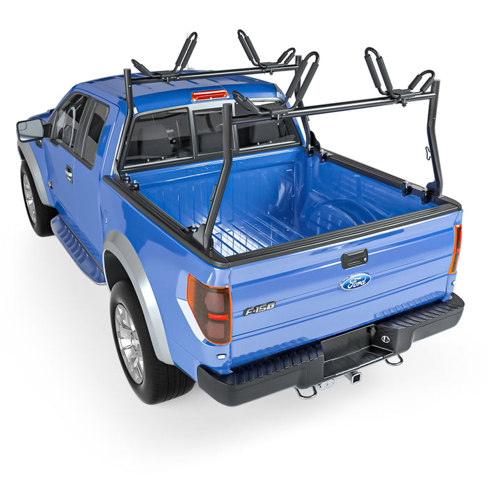 AA-Racks Model X31 Truck Rack with 8 Non-Drilling C-Clamps and 2 Sets Kayak J-Racks with Ratchet Lashing Straps & Ratchet Bow and Stern Tie Down Straps(KX-3155-BLK) - AA Products Inc