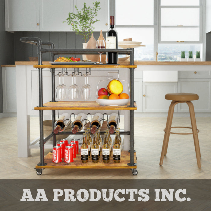 AA Products Inc. Industrial Bar Cart for Home, 3-Tier Bar Serving Cart with Wheels, Lockable Casters, Beverage Cart with Wine Rack and Glass Holder