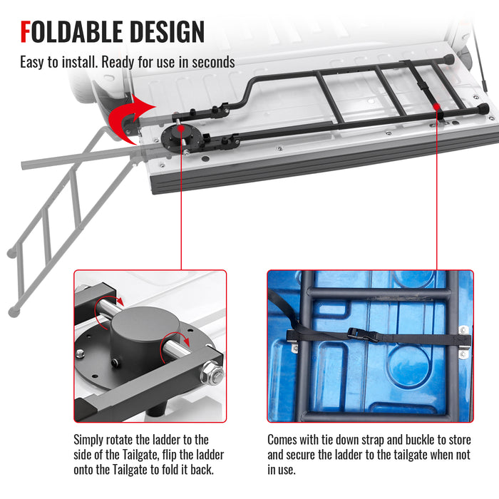 AA Product Tailgate Ladder Foldable Pickup Truck Tailgate Ladder Accessories with Handrail for Truck Easy Install Durable Steel Omni-Directional Ladder Rack Capacity 300 lbs(PTL-04) - AA Products Inc