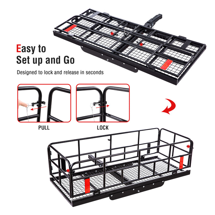 AA Products Hitch Mount Basket Foldable Storage Steel Cargo Carrier Rack, Fits 2 Trailer Mounted Hitches - Black(HCC-03) - AA Products Inc