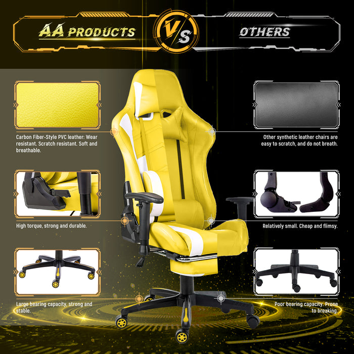 AA Products Gaming Chair High Back Ergonomic Computer Racing Chair Adjustable Gamer Chair with Footrest, Lumbar Support Swivel Chair – YellowWhite - AA Products Inc