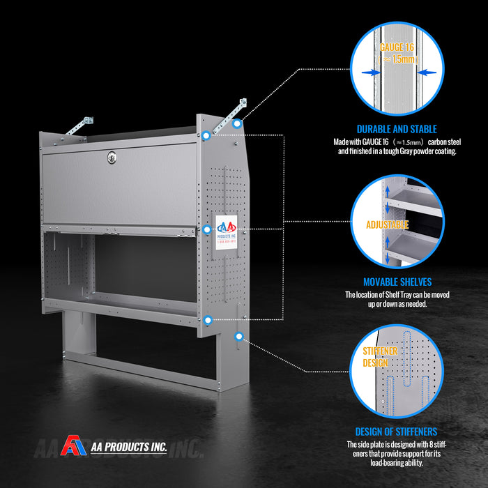 SH-4604-GAP Steel Low/Mid/High Roof Van Shelving Storage System with Door Kit, Fits Transit, Promaster, Sprinter, GMC, NV and Metris, Contoured Shelving Unit, 42" W x 46" H x 13" D, Notched Bottom(SH-4604-GAP-DK) - AA Products Inc