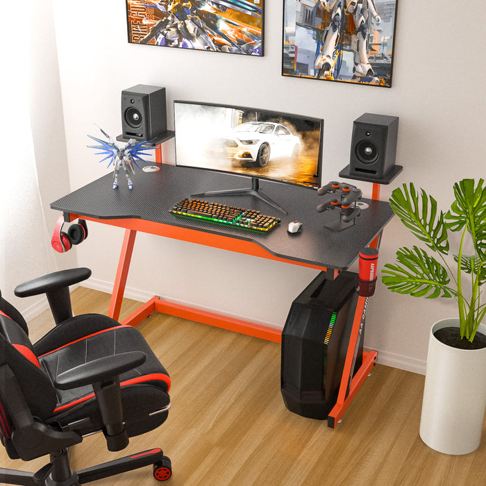 AA Products Gaming Desk 47.2",Z-Shaped Design Computer Desk Suitable for Home and Office with Controller Stand, Cup Holder, Headphone Hook and Loudspeaker Stand(GD-Z-Red) - AA Products Inc
